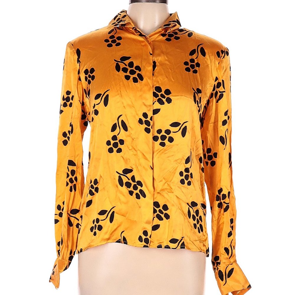Carlisle Yellow/Orange Floral Print Long Sleeve Silk Top, 10